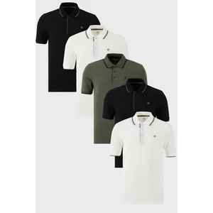 Pamuklu Slim Fit Şerit Detaylı Düğmeli Polo Yaka 5'li Paket T Shirt Erkek T Shirt 5902118S5