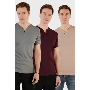 Pamuklu Düğme Detaylı Slim Fit V Yaka 3'lü Paket T Shirt Erkek T Shirt 5902122S3