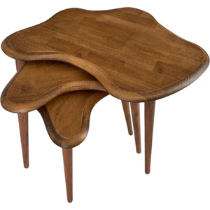 Asimetrik Masif Ahşap Zigon Sehpa Takımı 3'lü Set Modern Bohem Tarz Doğal Ağaç Iskandinav Yan Sehpa Seti