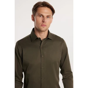 Slim Fit Pamuklu Düz Haki Erkek Gömlek