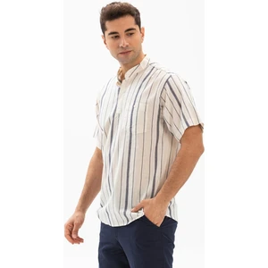 Eliş Şile Bezi Kısa Kol Şile Bezi Tek Cepli Hakim Yaka Erkek Tshirt Ekru Gri Çizgili