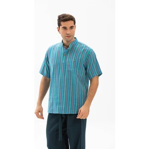 Eliş Şile Bezi Kısa Kol Şile Bezi Hakim Yaka Erkek Tshirt Turkuaz Çizgili