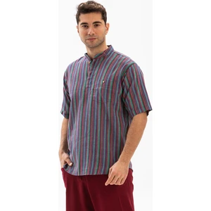 Eliş Şile Bezi Kısa Kol Şile Bezi Tek Cepli Hakim Yaka Erkek Tshirt Mor Çizgili