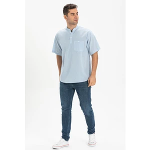 Eliş Şile Bezi Kısa Kol Şile Bezi Tek Cepli Hakim Yaka Erkek Tshirt Buz Mavi