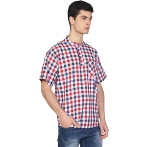 Eliş Şile Bezi Kısa Kol Şile Bezi Tek Cepli Hakim Yaka Erkek Tshirt Lacivert Kırmızı Kareli