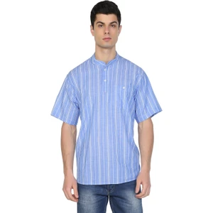 Eliş Şile Bezi Kısa Kol Şile Bezi Tek Cepli Hakim Yaka Erkek Tshirt Mavi Beyaz Çizgili