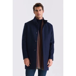 Lacivert Slim Fit Dik Yaka Balık Sırtı Desenli Yünlü Spor Kaban