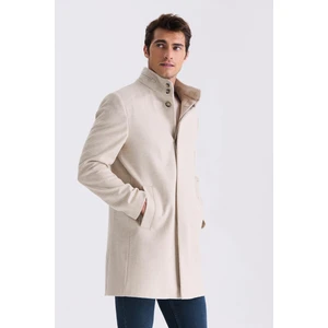 Bej Slim Fit Dik Yaka Balık Sırtı Desenli Yünlü Spor Kaban