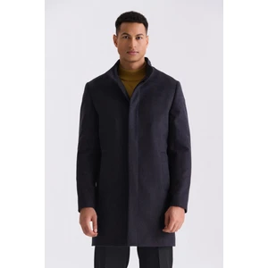 Koyu Lacivert1 Slim Fit Dik Yaka Balık Sırtı Desenli Yünlü Spor Kaban