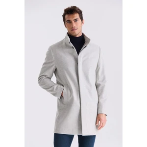 Gri Slim Fit Dik Yaka Balık Sırtı Desenli Yünlü Spor Kaban