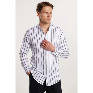 Slim Fit Dar Kesim Çizgili Hakim Yaka Poplin Oxford Gömlek