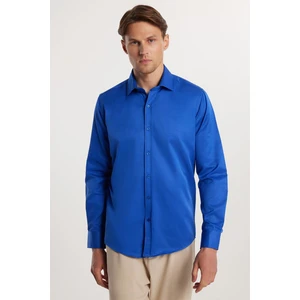 Erkek Modern Fit Dar Kesim Pamuklu Düz Saten Sax Mavi Gömlek