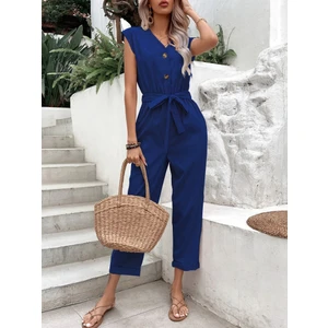 Barbora Keten Kadın V Yaka Tek Sıra Düğmeli Kolsuz Tulum LN28LACIVERT
