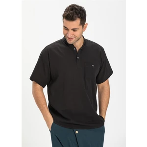 Büyük Beden Şile Bezi Kısa Kol Tek Cepli Hakim Yaka Erkek Yazlık Tshirt Siyah 3003