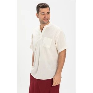 Büyük Beden Şile Bezi Kısa Kol Tek Cepli Hakim Yaka Erkek Yazlık Tshirt Krem 3002