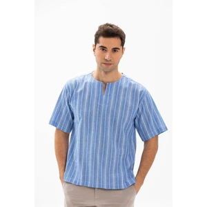 Büyük Beden Kısa Kol Şile Bezi Bisiklet Yaka Erkek Yazlık Tshirt Mavi Beyaz Çizgili 3019