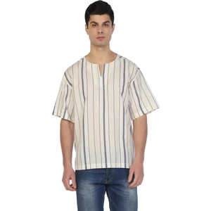 Büyük Beden Kısa Kol Şile Bezi Bisiklet Yaka Erkek Yazlık Tshirt Ekru Gri Çizgili 3028