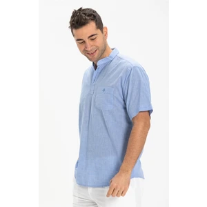 Büyük Beden Şile Bezi Kısa Kol Tek Cepli Hakim Yaka Erkek Yazlık Tshirt Mavi 3032