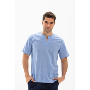 Büyük Beden Kısa Kol Şile Bezi Bisiklet Yaka Erkek Yazlık Tshirt Mavi 3032