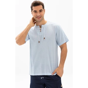 Eliş Şile Bezi Büyük Beden Kısa Kol Şile Bezi Zımbalı Erkek Tshirt Buz Mavi
