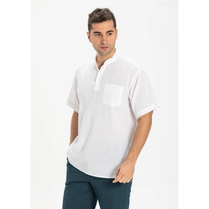 Büyük Beden Şile Bezi Kısa Kol Tek Cepli Hakim Yaka Erkek Yazlık Tshirt Beyaz 3001