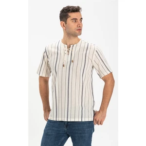 Eliş Şile Bezi Büyük Beden Kısa Kol Şile Bezi Zımbalı Erkek Tshirt Ekru Gri Çizgili