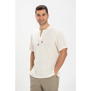 Eliş Şile Bezi Büyük Beden Kısa Kol Şile Bezi Zımbalı Erkek Tshirt Krem