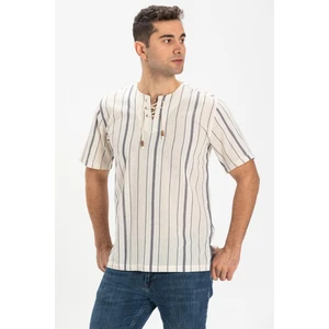Eliş Şile Bezi Kısa Kol Şile Bezi Zımbalı Erkek Tshirt Ekru Gri Çizgili