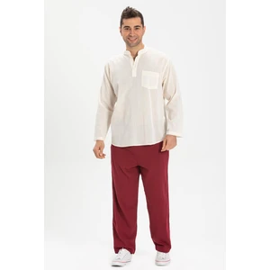 Büyük Beden Şile Bezi Uzun Kol Tek Cepli Hakim Yaka Erkek Yazlık Tshirt Krem 3002