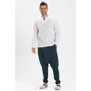 Eliş Şile Bezi Uzun Kol Şile Bezi Bisiklet Yaka Erkek Tshirt Beyaz