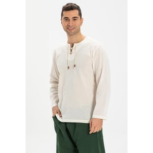 Eliş Şile Bezi Uzun Kol Şile Bezi Zımbalı Erkek Tshirt Krem