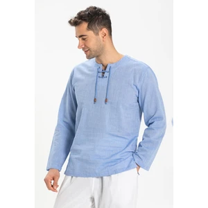 Büyük Beden Şile Bezi Uzun Kol Zımbalı Erkek Yazlık Tshirt Mavi 3032