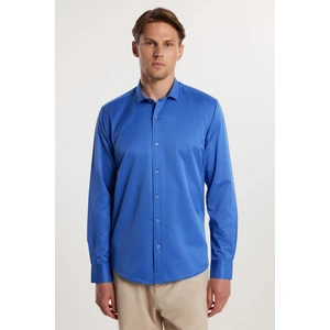 Modern Slim Fit Uzun Kollu Düz Saten Pamuklu Erkek Sax Mavi Gömlek