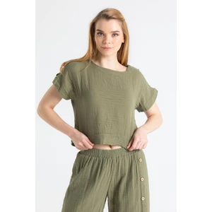 Kısa Kol İzel Yazlık Müslin Bluz Haki Hk