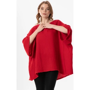 Eliş Şile Bezi Yarım Kol Nadya V Yaka Müslin Yazlık Bluz Kırmızı Krmz