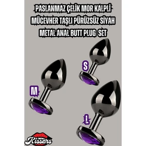 Paslanmaz Çelik Mor Kalpli Mücevher Taşlı Pürüzsüz Siyah Metal Anal Butt Plug Set 3'lü
