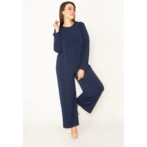 Kadın Lacivert Arka Gizli Fermuarlı Geniş Paçalı Tulum 65N32512