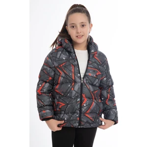 Spor Kız Çocuk Pusula Desen Polar Su Ve Rüzgar Geçirmez Kapüşonlu Cepli Mont