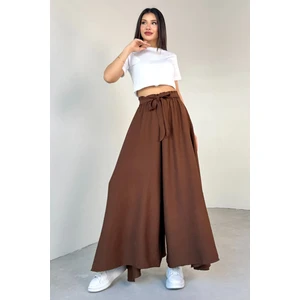 PNT-07410 Kahverengi Dokuma Kuşaklı Şalvar Etek Pantolon