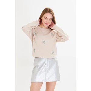 Kalpli Taş Baskılı Sweatshirt