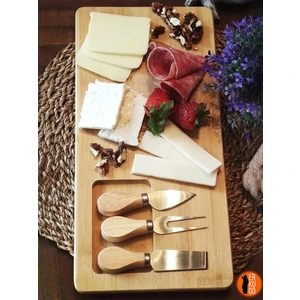 4 Parça Bambu Peynir Sunum Tahtası ve Çatal - Spatula - Bıçak Seti, Peynir Kesim Panosu, Sunum Seti