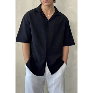 Erkek Oversize Apaş Yaka Kısa Kollu Keten Gömlek