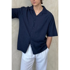 Erkek Oversize Apaş Yaka Kısa Kollu Keten Gömlek