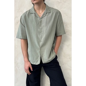 Erkek Oversize Apaş Yaka Kısa Kollu Keten Gömlek