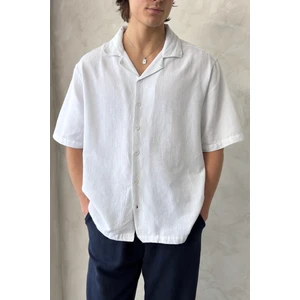 Erkek Oversize Apaş Yaka Kısa Kollu Keten Gömlek