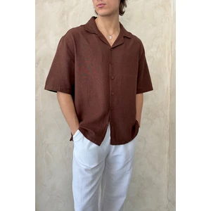 Erkek Oversize Apaş Yaka Kısa Kollu Keten Gömlek