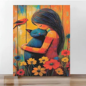 Sayılarla Boyama Tuval Seti Fırça Boya Dahil (Çıtalı) 40X50 Cm-Kedili Kız