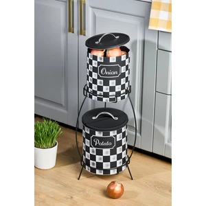 2 Katlı Kulplu Patates Soğanlık Metal Patates Soğan Kovası Sebzelik Sepeti Dama Desenli