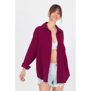 Bordo Tek Cepli %100 Pamuk Oversize Müslin Gömlek 4697A