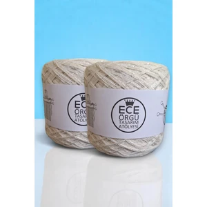 Ece Örgü Tasarım Atölyesi Krem Rengi, Çok Katlı Merserize Koton Arasına Gümüş Sim El Örgü İpi (200 Gr.)